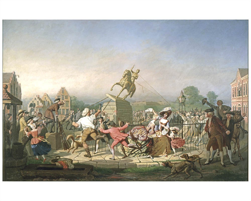 William WALCUTT, Pulling Down the Statue of George III at Bowling Green, 1857
oil on canvas, 51 5/8 x 77 5/8 in.
M 340
ADDITIONAL INFORMATION: After the reading of the draft of the Declaration of Independence at Bowling Green, lower Manhattan, July 10, 1776, Colonists respond by pulling down  on the equestrian statue of King George III  off its pedestal with ropes by colonists.  Many colonists shown in action moving around, buildings to the left and right, two dogs in the foreground.
Source Institute: Marquis Foundation
Credit Line: Lafayette College Art Collection, Easton, PA; Gift of the Marquis Foundation