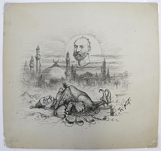 Thomas NAST, Sunset"" (Cox) in Turkey (in Europe).  A Thanksgiving Dream that maybe realized., 1885
ink on paper, 10 1/2 x 11 3/16 in.
pen and ink drawing published in Harper's Weekly, (May 12, 1885, pg. 807) with Cox, US Ambassador to the Ottoman Empire staring at Sultan Abdul Hamid II, depicted as a turkey. 
 
illustrated: Samuel Cox & 
Participants: Samuel Cox; Abd-al-Hamid
Published in Harper's Weekly 05.12.1885 ,pg 807 (See printed version in "other images"
2012.01.11
ADDITIONAL INFORMATION: for image of completed drawing in Harper's weekly, 1885, pg 807
Samuel Cox ; Abd-al-Hamid 
https://www.dilibri.de/rlb/content/titleinfo/2054067

Samuel Sullivan "Sunset" Cox (1824-1889) was a American Congressman and diplomat; represented Ohio and New York in US House of Representatives and served as US Ambassador to the Ottoman Empire.

Grover Cleveland nominated Cox as ambassador to Ottoman Empire in May 1885
https://en.wikipedia.org/wiki/Samuel_S._Cox
Source Institute: Portraits Inc