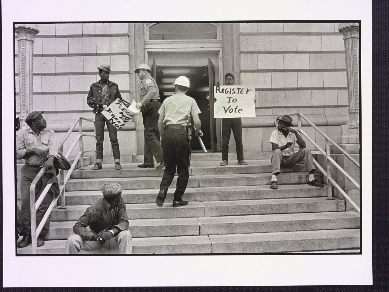 Danny LYON, Sheriff Jim Clark arrests two SNCC voter registration workers on the steps of the federal building, Selma, Alabama, 1963
Later gelatin silver print, 11 x 14 in.
2016.07.010
ADDITIONAL INFORMATION: Illustrated: Danny Lyon, The Seventh Dog (New York, The Phaidon Press, 2014), p. 193
Credit Line: Lafayette College Art Collection, Easton, PA; Gift of Bennett ('79) and Meg Goodman