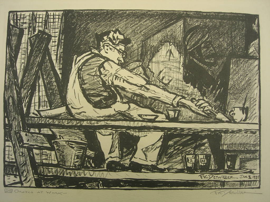 Frederick Knecht DETWILLER, Orozco at Work, 1931, Jan 8
Serigraph, 9 1/4 x 13 1/4 in.
Black and white lithograph on buff colored paper or painter Jose Clemente Orozco (Mexico 1883-1949) sitting on a scaffold working on a mural at the New School.
2002.02.14
ADDITIONAL INFORMATION: Information on Orozco's New School Murals https://www.newschool.edu/university-art-collection/re-imagining-orozco-new-school-murals/
Credit Line: Frederick Knecht Detwiller Collection, Lafayette College, Easton, PA
