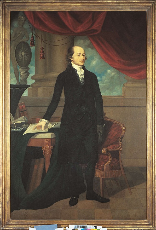 Caleb BOYLE, John Jay (1745-1829); first Chief Justice of the U.S., after 1782
oil on canvas, 92 1/2 x 61 1/4 in.
Full length standing portrait showing Jay as treaty maker. This painting is a companion to Boyle's Thomas Jefferson (K 06). They have always been sold and purchased together, but are separate entities.
K 07
ADDITIONAL INFORMATION: NOTE: database had the 1782 date; 1801 date from information in the object file
See Gilbert Stuart, Portrait of John Jay, 1794

Full length standing portrait showing Jay as treaty maker. This painting is a companion to Boyle's Thomas Jefferson (K 06). They have always been sold and purchased together, but are separate entities.
_____________________
Provenance Notes: 
This painting was unveiled on campus 09-02-1943 at a ceremony in the Kirby Hall of Civil Rights library.

Provenance: 
1889 exhibited at the Washington Inaugural Centennial Exhibition at the Metropolitan Opera House; 1822 bought by Sir William Brown in Liverpool, England and hung in his "Holmbush House" in Faygate, Sussex for 106 years; sold by his great grandson Brigadier Gen. Howard Clifton Brown to Mr. Percy A. Rockefeller for $25,000.00; illustrated in the Rotogravure Section of the New York Times 01-08-1928; hung in Rockefeller's 26 Broadway, New York office until his death; 1939 exhibited at the opening of the Art Gallery of University of Southern California, Los Angeles.
Source Institute: Mr. Allan P. Kirby, Class of 1915
Credit Line: Kirby Collection of Historical Paintings, Lafayette College, Easton, PA; Gift of Allan P. Kirby (class of 1915)