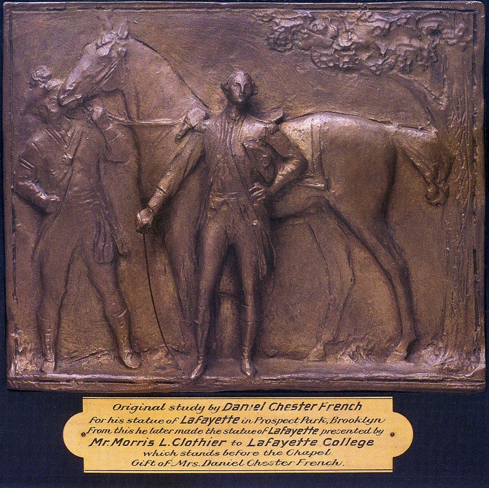 Daniel Chester FRENCH, Study for Brooklyn Lafayette Relief, Prospect Park, 1916; 1931 cast in bronze
bronze, 8 3/4 x 11 x 1 1/4 in.
Cast of plaster maquette for French's Lafayette at Prospect Park; rectangular study in relief (horse, Lafayette, tree).
1991.01.03
ADDITIONAL INFORMATION: The piece has been painted and the original metal cannot be determined without removing from formica frame; Also a study for ID# 17X; this cast was picked up a month after French's death.

Provenance Notes: 
Oct. 1931: DCF died; Nov. 1931: Dr. Lewis picked up the model for the college.

Provenance: 
DCF to FKDetwiller: 6/8/1931: "There is a little sketch model that I had made of the Brooklyn Monument, which is a foot square, more or less...if you care for it, I shall be happy to send it where you say..."  July 1931: DCF offered to cast "his little model in bronze, and present it to the college."
Credit Line: Lafayette College Art Collection, Easton, PA; Gift of Mr. Daniel Chester French