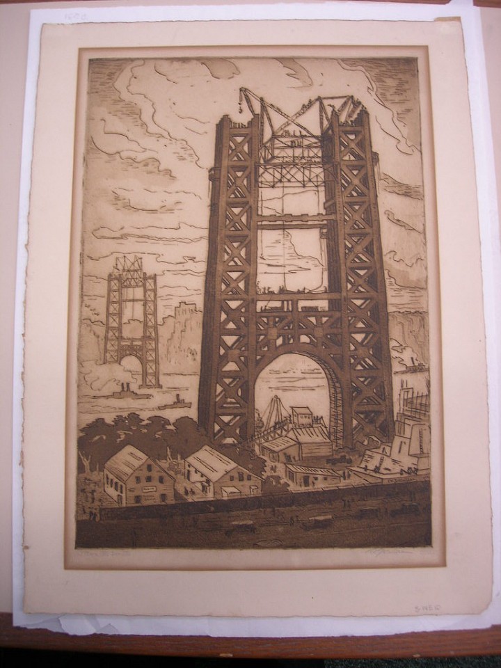 Frederick Knecht DETWILLER, Hudson Bridge (George Washington Bridge), 1928
etching and aquatint on paper, overall:  20 5/8 x 15 1/8""
image:  16 3/4 x 11 1/2""
Building of Hudson Bridge (George Washington Bridge) in 1828
S 145 Q
ADDITIONAL INFORMATION: use 2002.02.22 for spring exhibit instead
Credit Line: Lafayette College Art Collection, Easton, PA