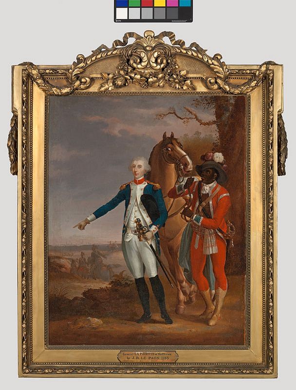 Jean Baptiste LE PAON, Lafayette at Yorktown, 1782-85, ca.
oil on canvas, 36 1/2 x 28 3/4 in.
Full length standing pose of Lafayette with his horse being held by his attendant (possibly James Armistead - not confirmed), battlefield in background.
L 400
ADDITIONAL INFORMATION: Provenance Notes: 
This provenance is taken from 1934, 1938, 1955 correspondence in the object file.  It is also listed in the "Lafayette Centenary Exhibition" catalogue in object file.  Still undergoing research. There is a letter from Nolhac in the file that indicates he did not have a pedigree from the seller he purchased it from and could not remember the dealer in Paris he used. A note from Mr. Hubbard in the object file  states "Le Paon was the court painter to Louis XVI and that the painting is recorded in Bergets French Dictionary of Painters."  He also states there is an "engraving of the painting by Le Mire with dedication to General Washington engraved upon the plate.  Mt. Vernon has one of these engravings.  This is the original painting." 

Noel Le Mire engraving also exists in the collection of the Houghton Library at Harvard University, inscribed with dedication to General Washington (Fogg Art Museum, Harvard Honors Lafayette, catalog prepared by Agnes Mongan December 3, 1975 - March 12, 1976; pp. 40-41). 

See ID# D 204 for the engraving.

Provenance: 
circa 1908-1918 Rodman Wanamaker purchased from the collection of M. Pierre Nolhac(q) for $8500; 
Mrs. Ripley Hitchcock of New York helped her friend, Sara Hill of New York, sell the painting to Helen Fahnstock Hubbard (Mrs. John Hubbard) for $3500.00.  Gifted to Lafayette College by Mrs. Hubbard in 1938

According to an article in The Lafayette, June 10, 1938, Mrs. Helen Fahnstock of New York and Paris gave the painting in memory of her husband, John Hubbard, graduate of Harvard U, 1892. It was unveiled at Commencement 1938.

According to the Frick Reference Library, record # 18235:
Mlle de la F... 
  (h) Douthitt Gallery; 
  (h) M. Pierre de Nolhac; 
  (h) sold by him to Mr. Rodman Wanamaker, Philadelphia (died March 9, 1928); 
  (h) bequeathed by him to his son, Capt. John Wanamaker; 
  (h) presented by him to a relative; 
  (h) Mrs. John Hubbard, New York; 
  (h) Lafayette College, Van Wickle Library, Easton, Pennsylvania. 
Credit Line: Lafayette College Art Collection, Easton, PA;  Gift of Helen Fahnstock Hubbard in Memory of her husband, John Hubbard (Harvard class of 1892)