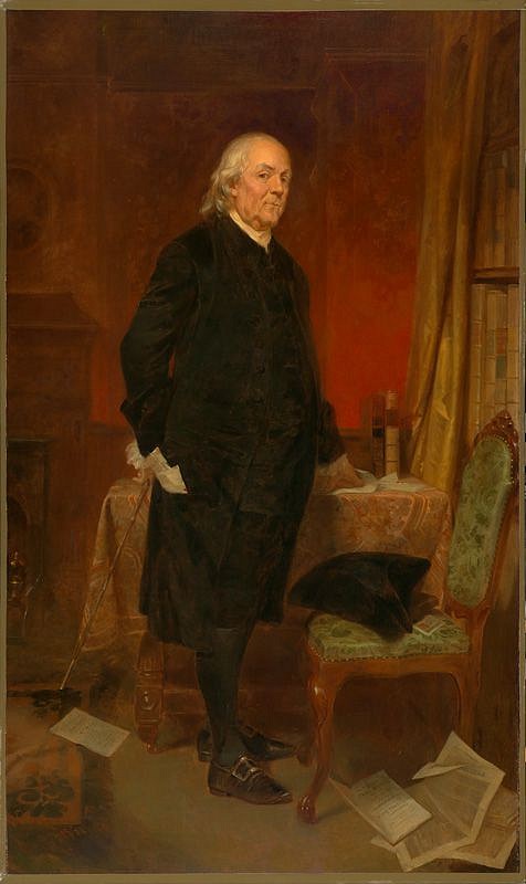 Alonzo CHAPPEL, Benjamin Franklin (1706-1790), 1861
oil on canvas, 88 x 52 in.
Life-sized, standing Ben Franklin in his 70's, interior scene with table and chair and papers lying on the floor, Philadelphia, PA.
M 345
ADDITIONAL INFORMATION: Listed as ID# M 346 in 1955 inventory
National Portrait Gallery CAP Survey PA 22 0090

________________________________
Provenance: 
As per Chappel exhibition catalogue, Brandywine River Museum 1995, pg 69: In 1944 Cecilia Haggerty of Brooklyn owned it (Herman H. Diers, Alonzo Chappel File, National Museum of American Art, Washington DC & Frick reference library NYC). Before entering Lafayette's collection, was at Vose Gallery, Boston. It may have been the Franklin portrait exhibited by Chappel at the Brooklyn Art Association in 1864 - see Clark S. Marlor A History of the Brooklyn Art Association with an Index of Exhibitions, New York: James F. Carr, 1970. p.148.

Information from Vose Gallery Postcard:
This important portriat remained in private hands for almost 100 years. It was recently discovered and purchased by the Vose Galleries of Boston. In this 250th anniversary year of Franklin's birth this painting is available for purchse.
-Vose Galleries of Boston, 55a Boylston Street, Boston MA

From Robert D. Schwarz Fine Paintings: multiple portraits of Franklin were done by Chappel. Most of these were made to be source material for prints for publication. It is unknown if this particular pieces was made for this purpose and if reproductions were made.
Source Institute: Marquis Foundation
Credit Line: Lafayette College Art Collection, Easton, PA; Gift of the Marquis Foundation