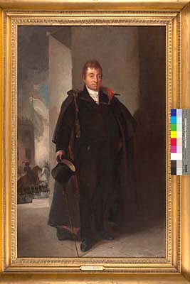Thomas SULLY, Marquis de Lafayette, Jan 16, 1826-1833
oil on canvas, 28 3/4 x 18 1/2 in.
Study oil painting; full portrait of man in dark suit with high collared  white shirt and dark cape with red collar, top hat with walking stick in hand; in shadow of large covered porch structure; exterior scene  of streetscape, figure with horses.
1987.01
ADDITIONAL INFORMATION: Dec. 1824 Sully states in his autobiography, "Lafayette I painted from life in Washington"--this likely refers to an ink and watercolor sketch (see letter from Stuart Feld and picture in object file).

NOTE: end date determined by Linda Ayres, Mt Vernon house and garden, 2006

Provenance Notes: 
Excerpt from Marvin Sadik's letter in object file dated April 15, 1987.

Provenance: 
Thomas Sully, 1826; Garrett C. Neagle, the artist's grandson, 1872; Josiah Brant, 1876; Mr. and Mrs. Arthur Church, Brandt's daughter and son-in-law, 1900; Mr. and Mrs. Hubert Church, the Church's son and daughter-in-law, 1931; Hubert Church, Jr., Elizabeth Church Hayne, and Joan Church Roberts, the children of Mr. and Mrs. Hubert Church, 1982-1987; Mrs. Shirley Sack.

for a life-size painting commissioned by "The Citizens of Philadelphia" in 1824 now in the collection of Independence National Park and exhibited at the Second Bank of Philadelphia.  Dec. 1824 Sully states in his autobiography, "Lafayette I painted from life in Washington"--this likely refers to an ink and watercolor sketch (see letter from Stuart Feld and picture in object file).

NOTE: end date determined by Linda Ayres, Mt Vernon house and garden, 2006
Culture: Study for Independence Hall Portrait

From Robert D. Schwarz Fine Paintings: This is a smaller version of the painting in the collection of Independence National Historical Park; though different in some fine details it does not appear to be a study but rather another version. 
Credit Line: Lafayette College Art Collection, Easton, PA
